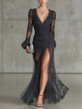 Women's Dark Grey Maxi Dress – V-Neck