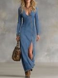 Women's Denim Maxi Dress - V-Neck with Side Split | Agape