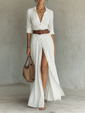 Women's Cotton Maxi Dress - Notched Collar, Pleated Skirt