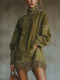 Women's Suede Mini Dress - Fringe Hem, Turtleneck | Darcie