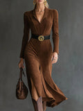 Women's Faux Suede Midi Dress - Collared, Side Split | Eleanor