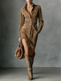 Women's Suede Shirt Dress - Bow Collar Midi | Mila