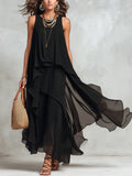 Women's Black Chiffon Maxi Dress – Round Neck | Hilde