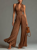 Women's Chiffon Jumpsuit - Pleated Wide Leg, Brown | Zsofia