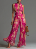 Women's Chiffon Jumpsuit - Floral Pleated Wide Leg, Fuchsia | Zsofia