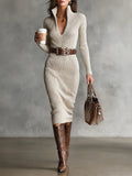 Women's Ribbed Knit Dress - V-Neck, Collared | Clara