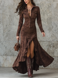 Women's Western Midi Dress - Button Front, Ruched Waist