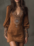 Women's Suede-Effect Mini Dress - Deep V-Neck