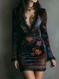 Women's Velvet Mini Dress - Floral V-Neck with Lace Trim