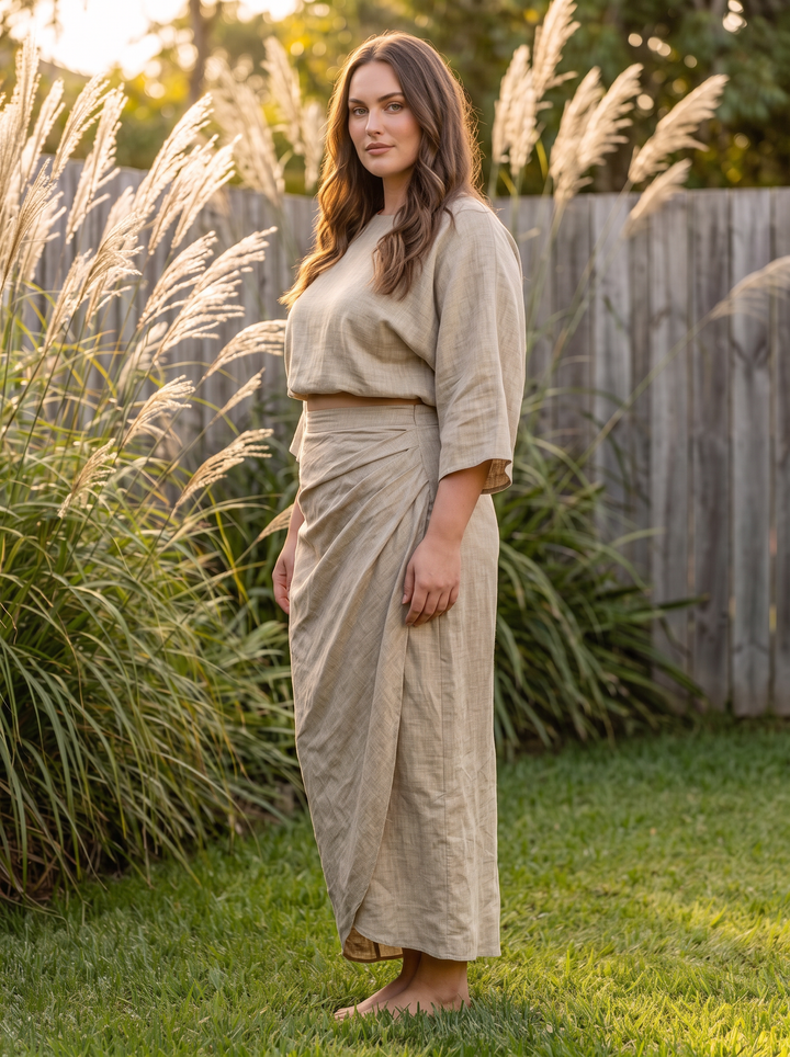 Plus size khaki linen two-piece set side angle