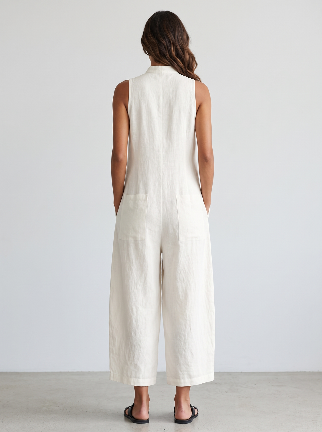 White sleeveless linen jumpsuit back view