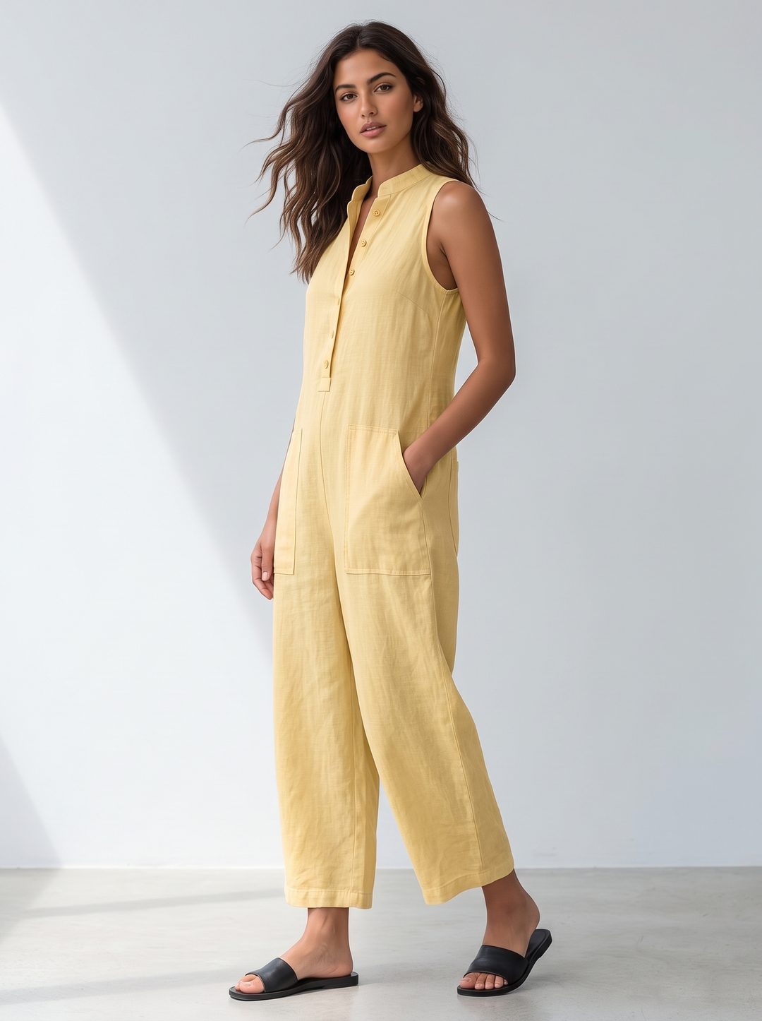 Yellow sleeveless linen jumpsuit