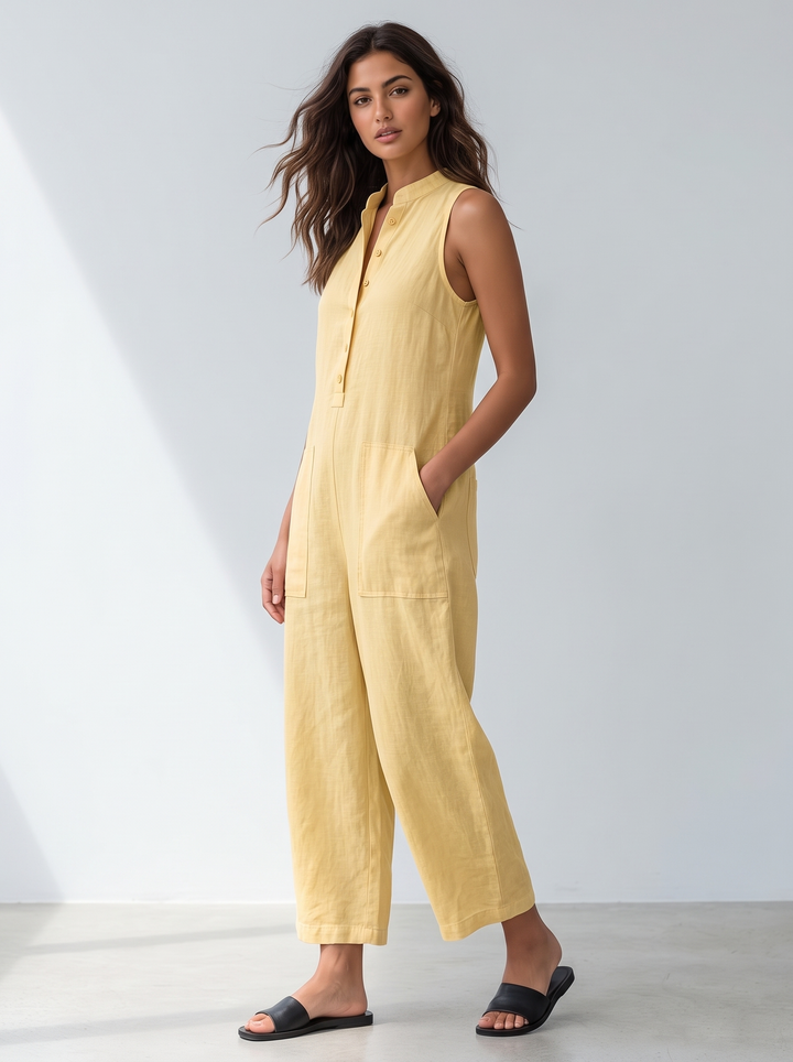 Yellow sleeveless linen jumpsuit
