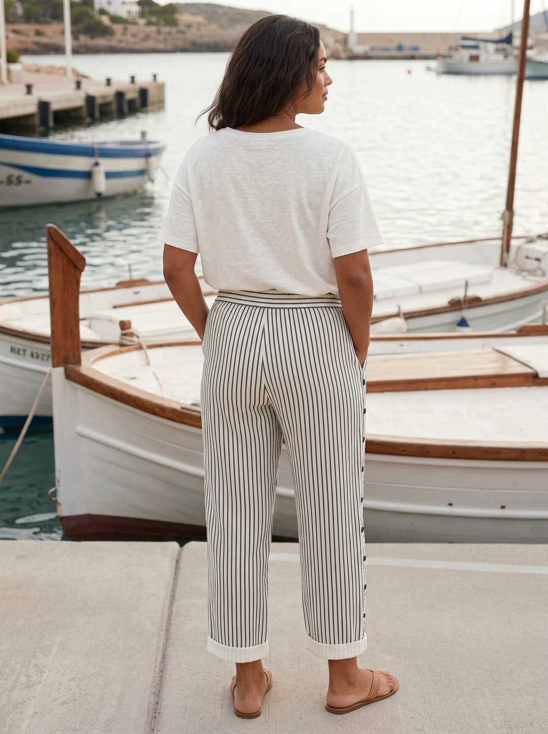 Striped linen trousers back view