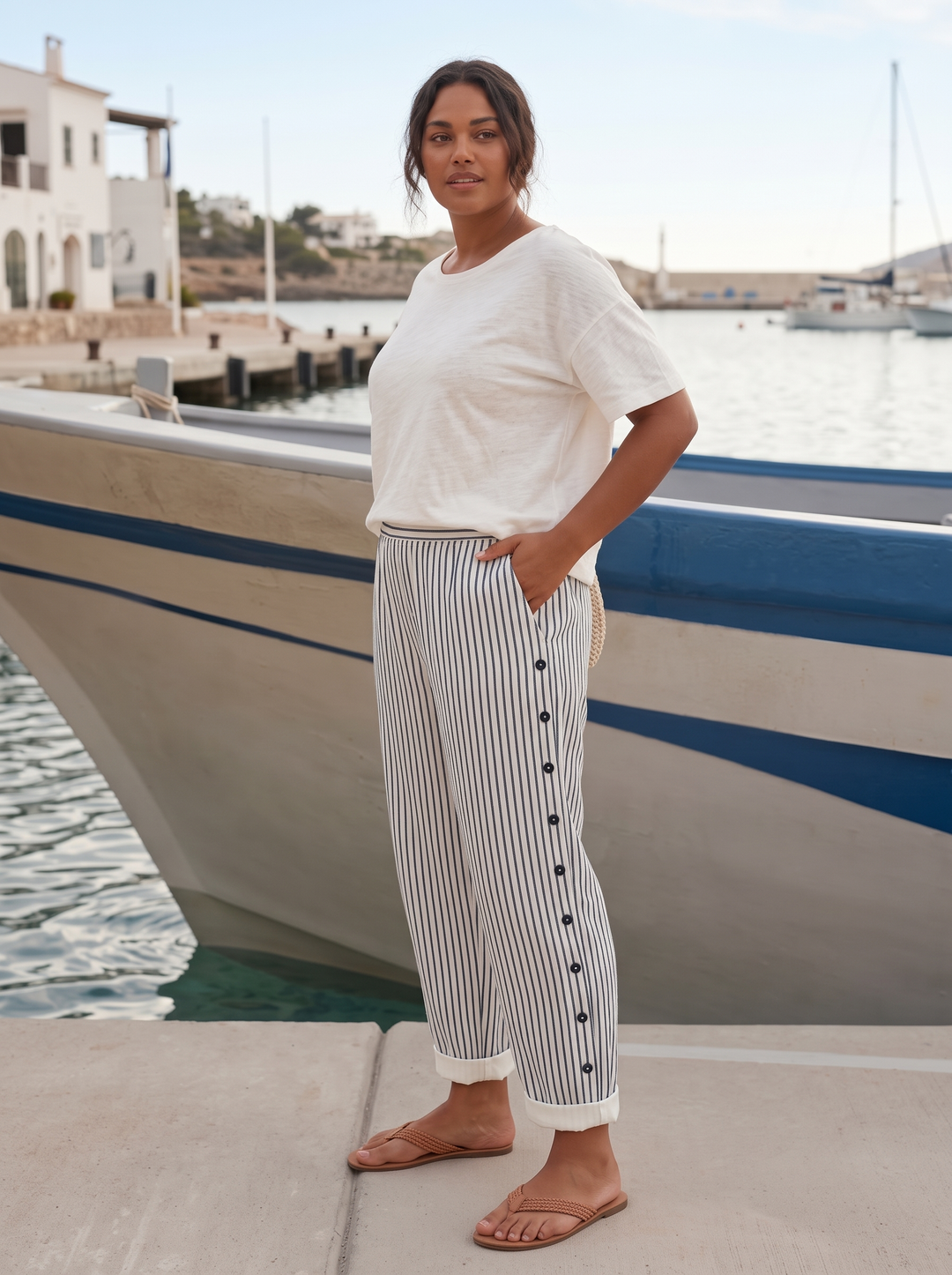 Blue striped linen trousers with side seam buttons