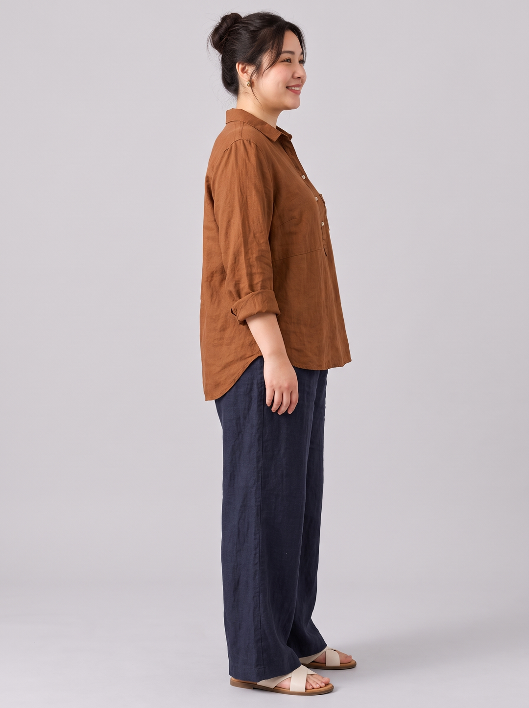 Rust brown linen popover shirt side view