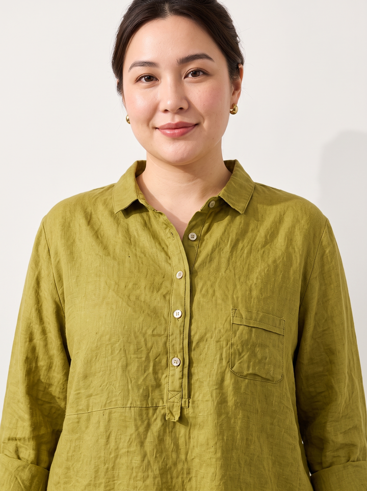 Close detail of the collar, half placket and chest pocket