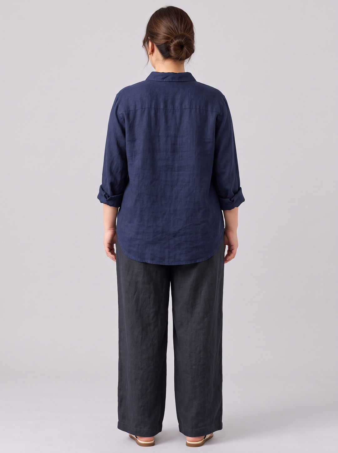 Navy blue linen popover shirt back view