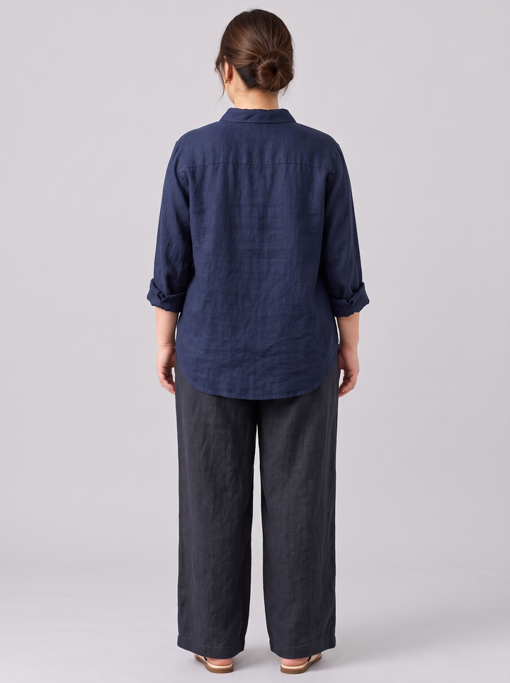 Navy blue linen popover shirt back view