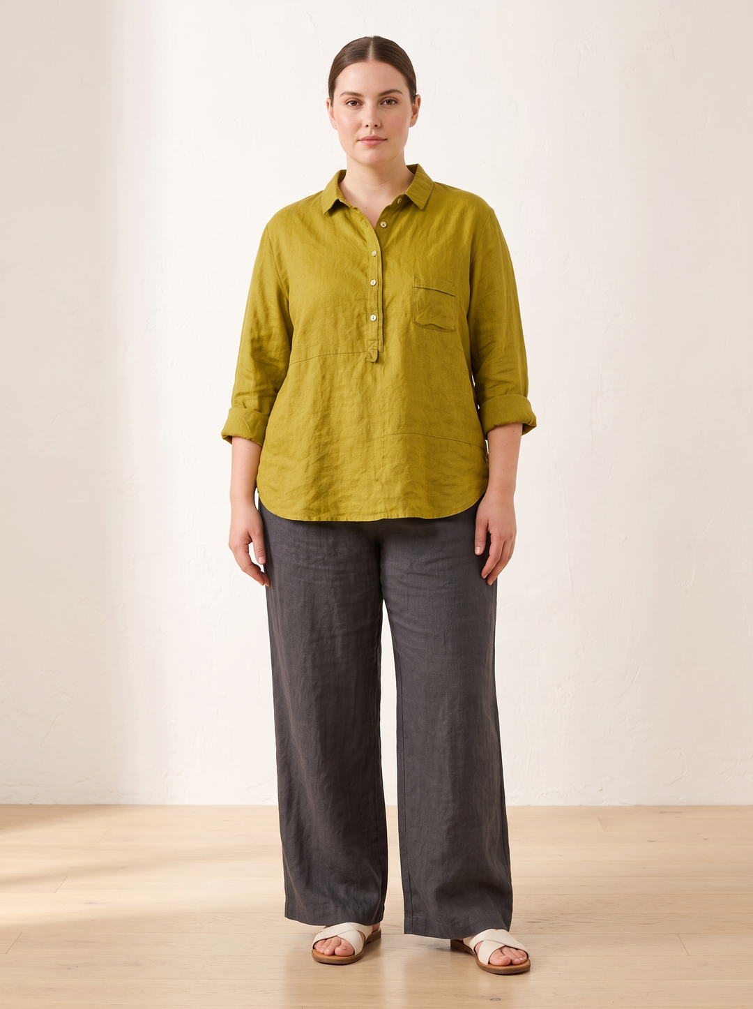 Yellow linen popover shirt with half button placket