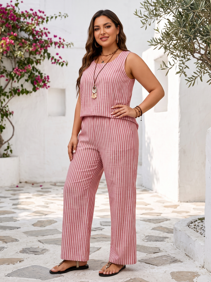 Red stripe sleeveless tank and wide leg trouser set
