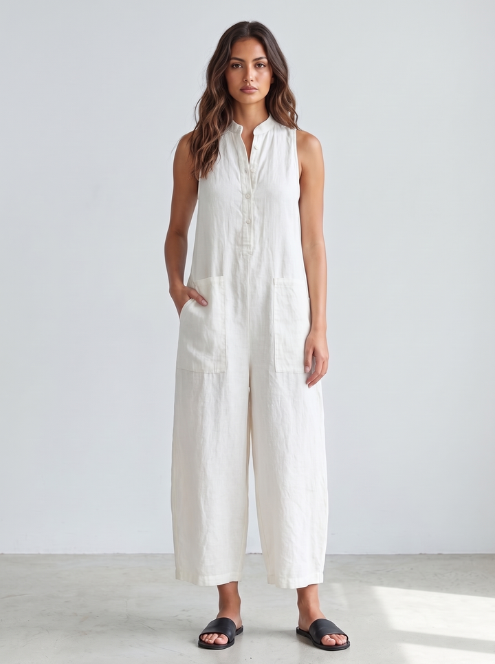White sleeveless linen jumpsuit with mandarin collar