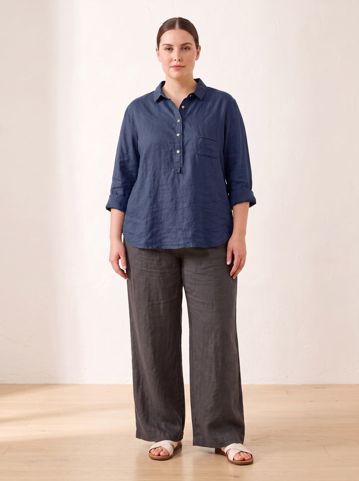 Navy blue linen popover shirt