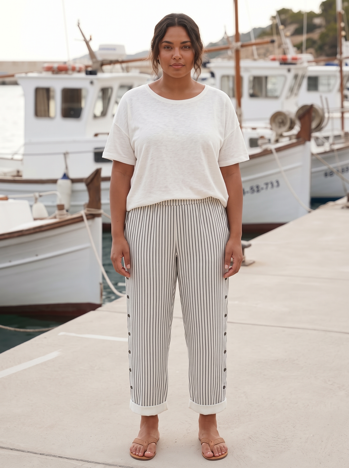 Grey striped linen trousers with side seam buttons