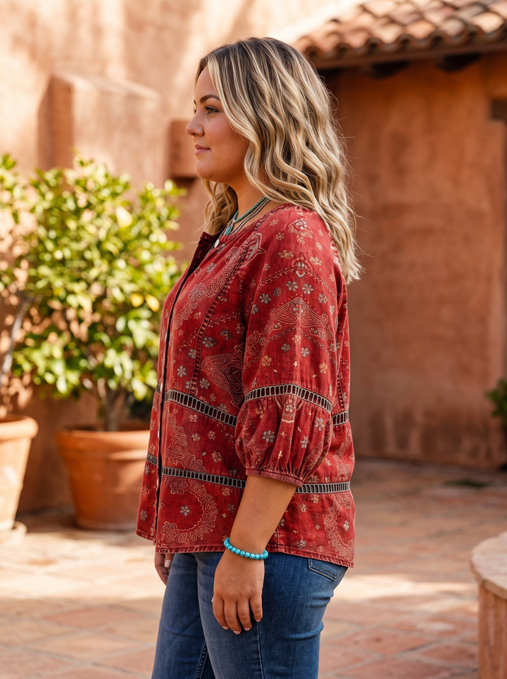 Red ethnic print blouse side view