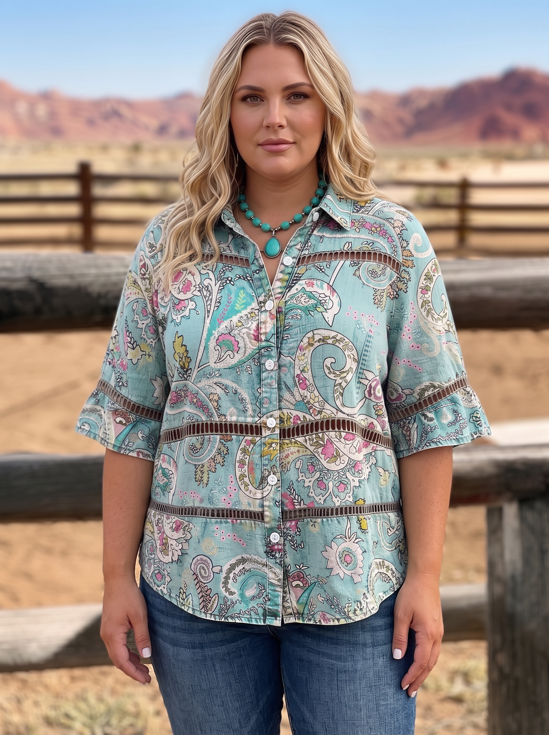 Aqua paisley button-through blouse with crochet trim