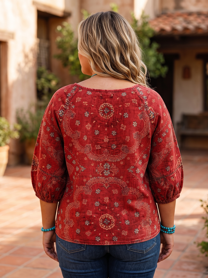 Red ethnic print blouse back view