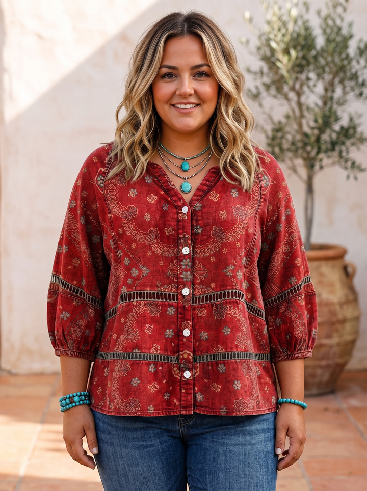 Red ethnic print blouse with short button placket