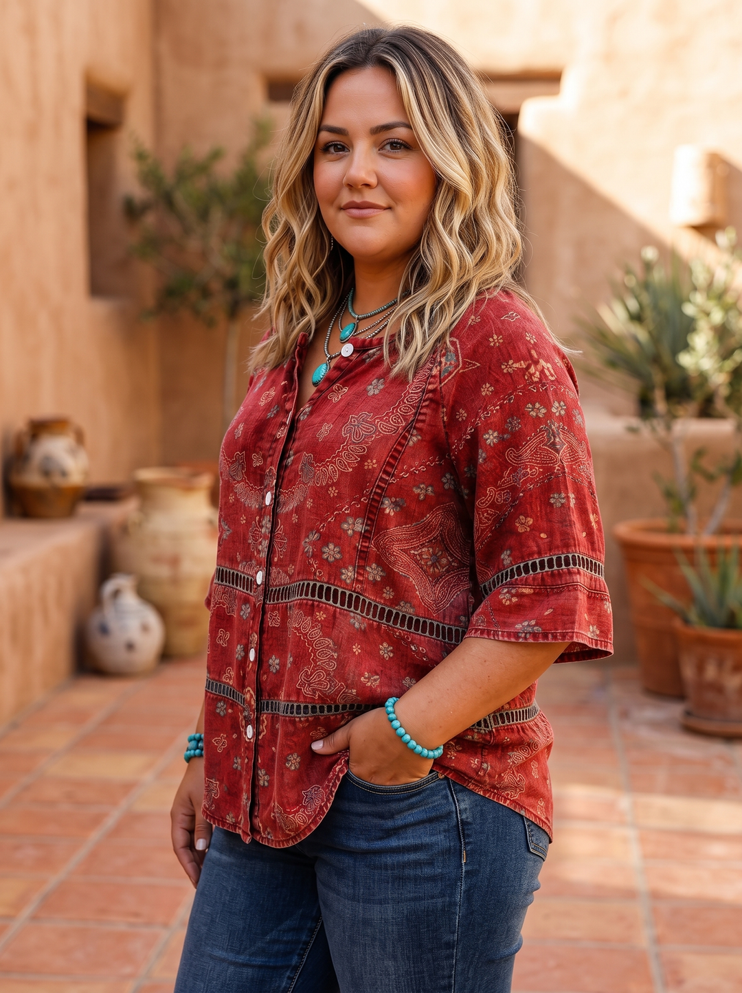 Red ethnic print blouse three quarter view