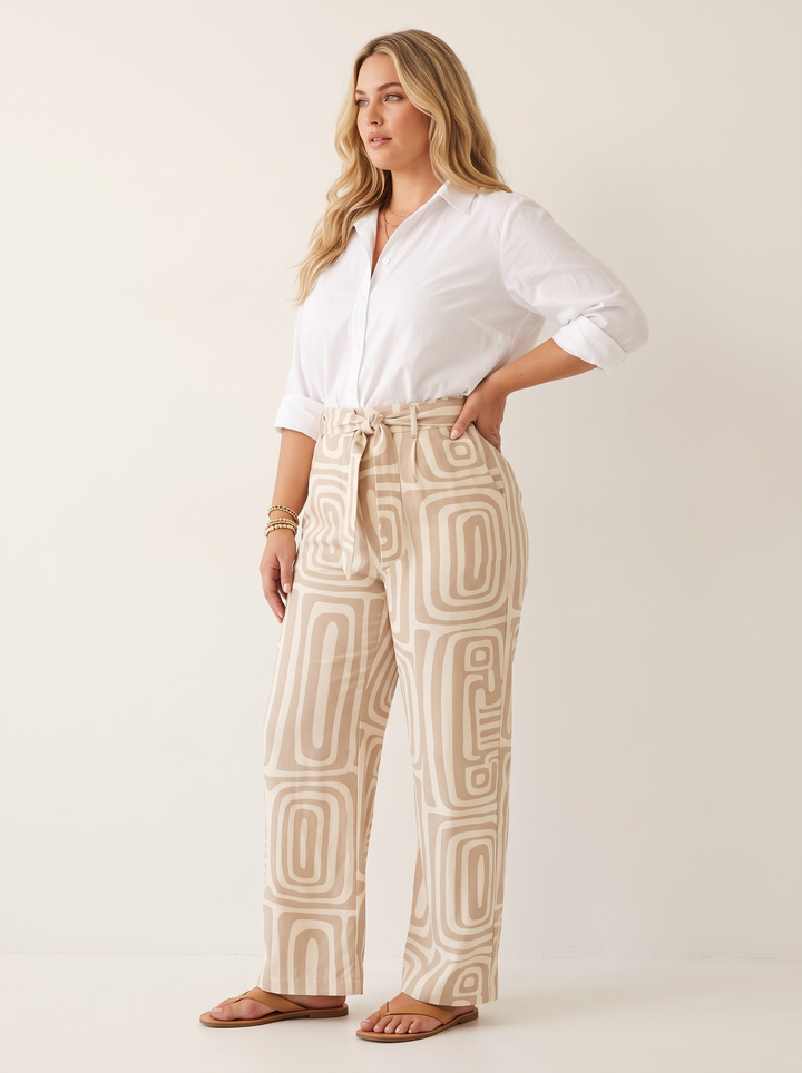 Beige geometric print two-piece set with belt