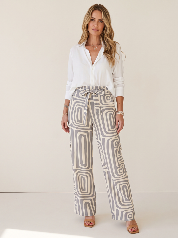 Grey geometric print two-piece set with belt