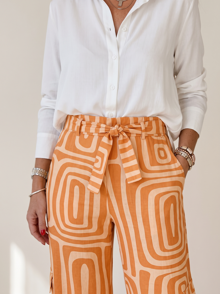 Close detail of the tie belt and geometric print