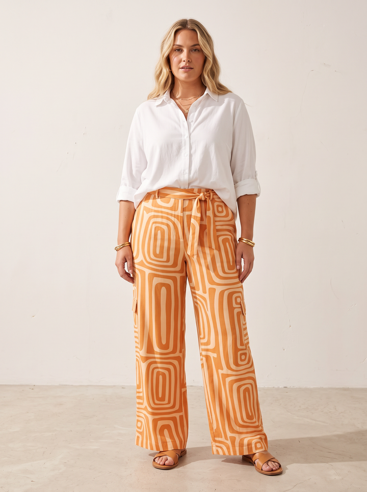 Orange geometric print two-piece set with belt