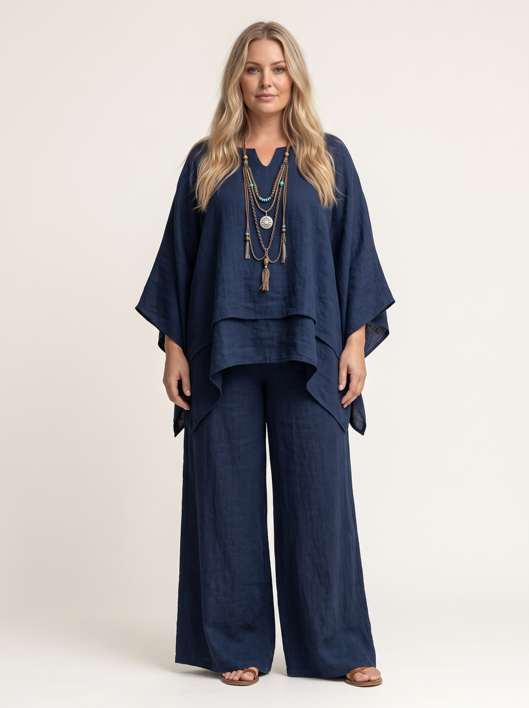Navy blue layered cape top and wide leg linen set