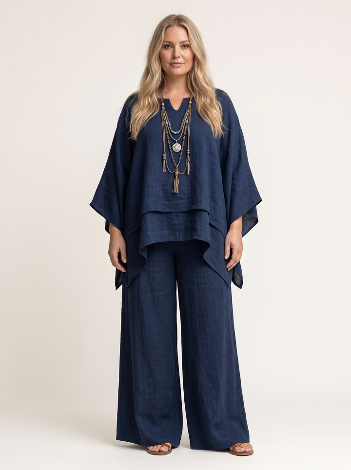 Navy blue layered cape top and wide leg linen set