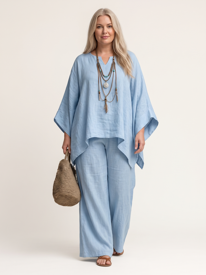Light blue layered cape top and wide leg linen set