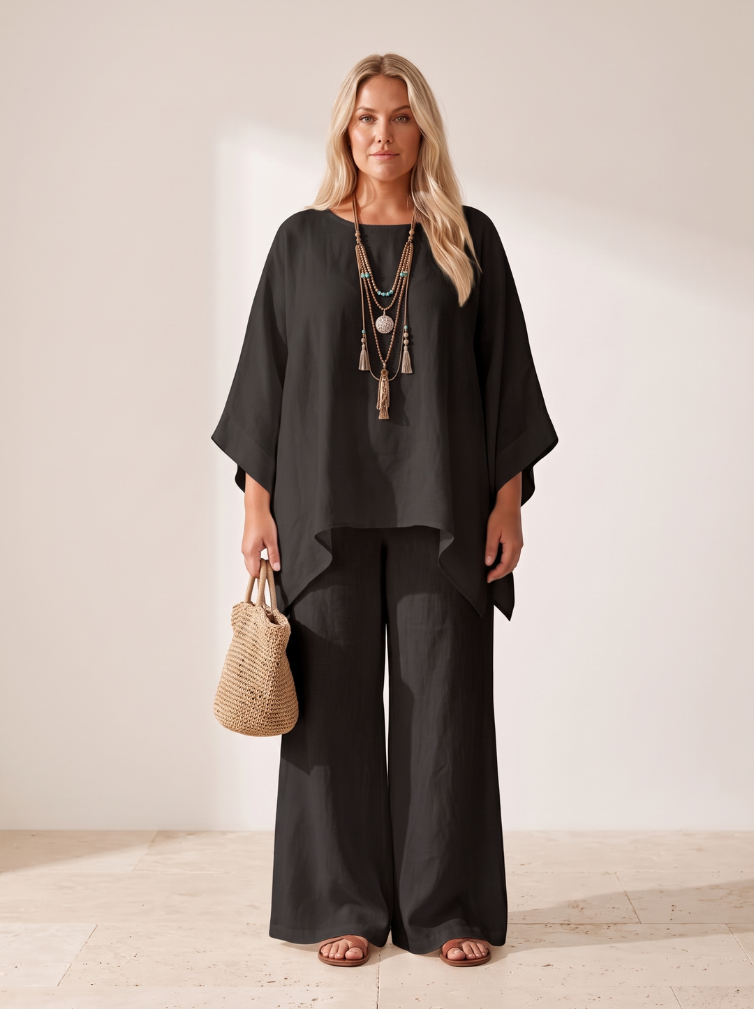 Black layered cape top and wide leg linen set