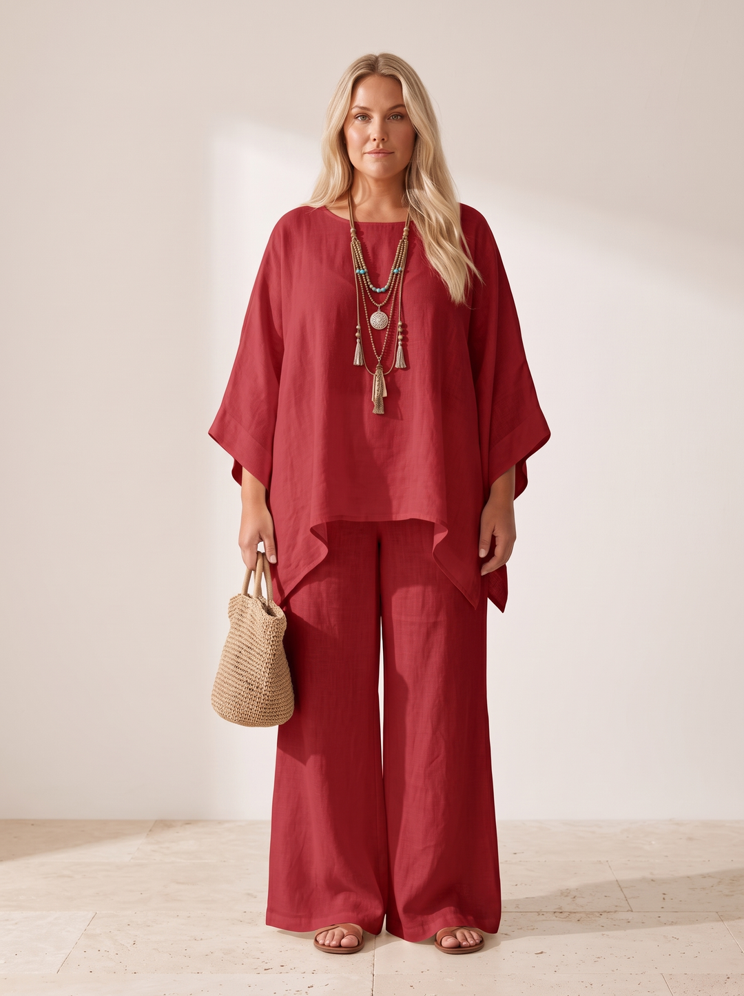 Red layered cape top and wide leg linen set