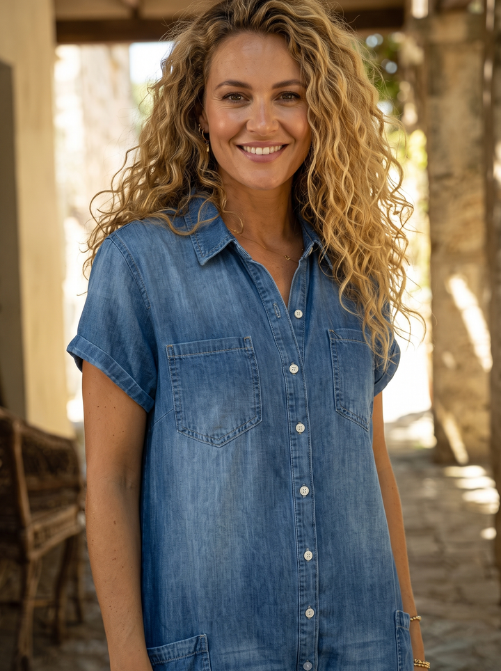 Close detail of the denim collar and chest pockets