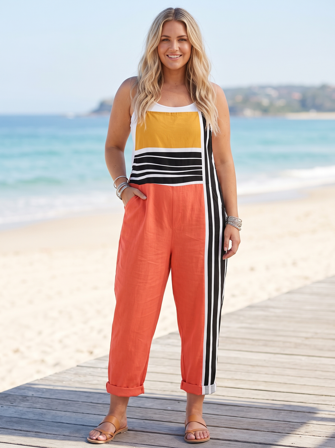 Colour block jumpsuit with coral legs and stripe panel