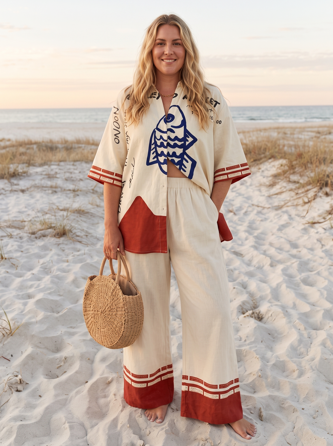 Ivory linen fish print shirt and wide leg trouser set