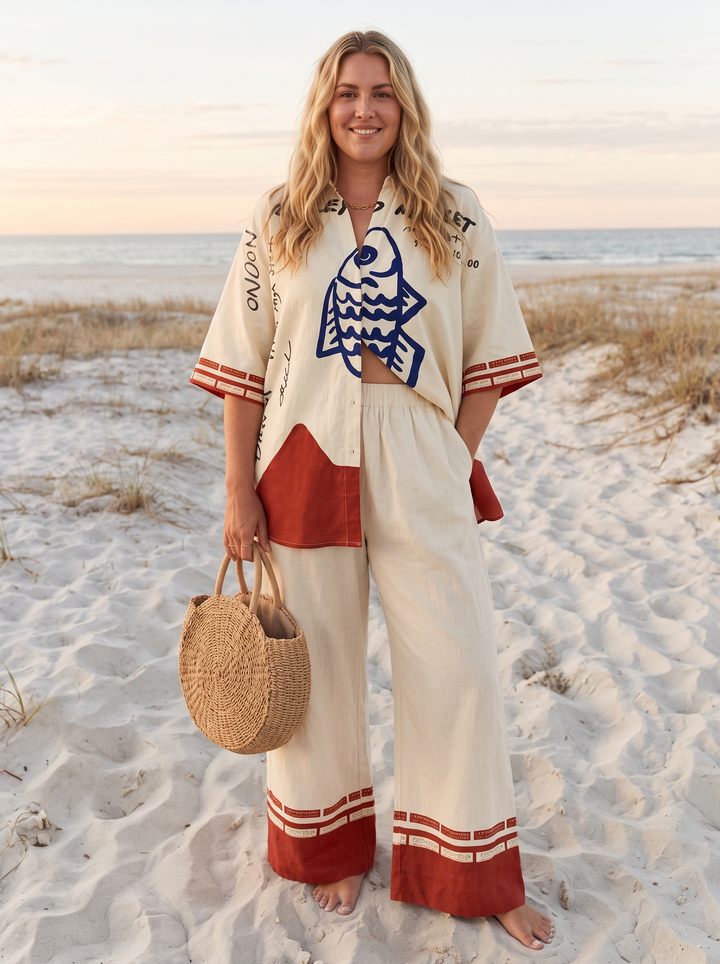 Ivory linen fish print shirt and wide leg trouser set