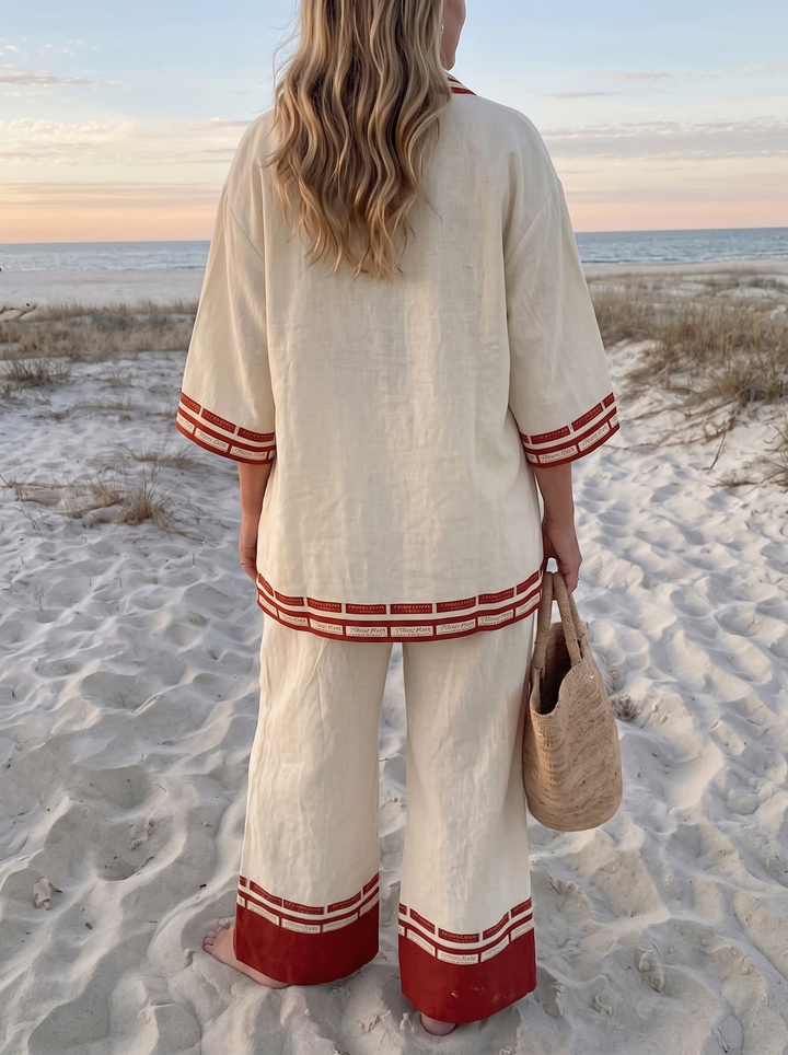 Ivory linen set back view with stripe trim