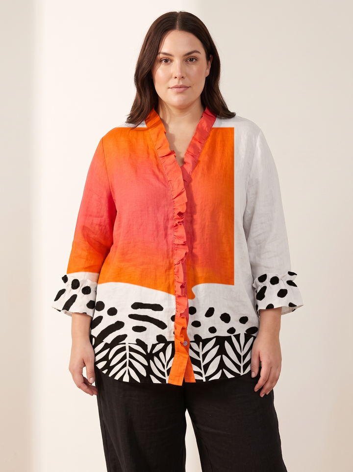 Colour block blouse with ruffle placket and leaf print border