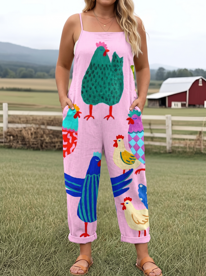 Pink linen jumpsuit with colourful rooster print