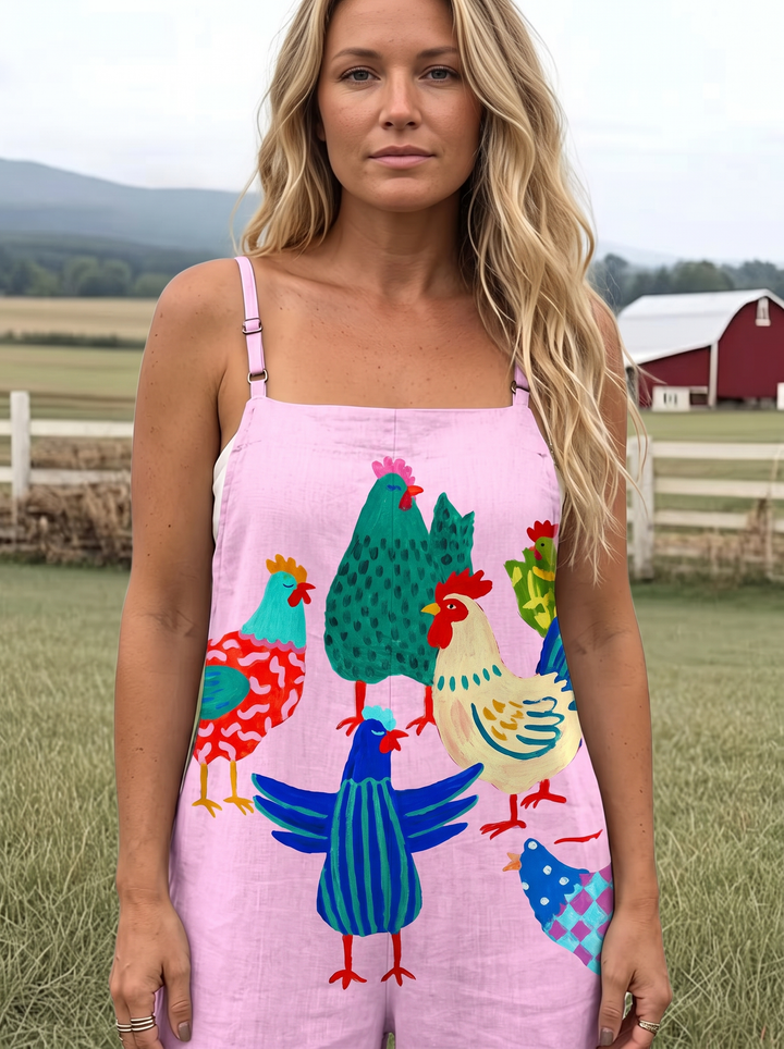 Close detail of the straps and rooster print bodice